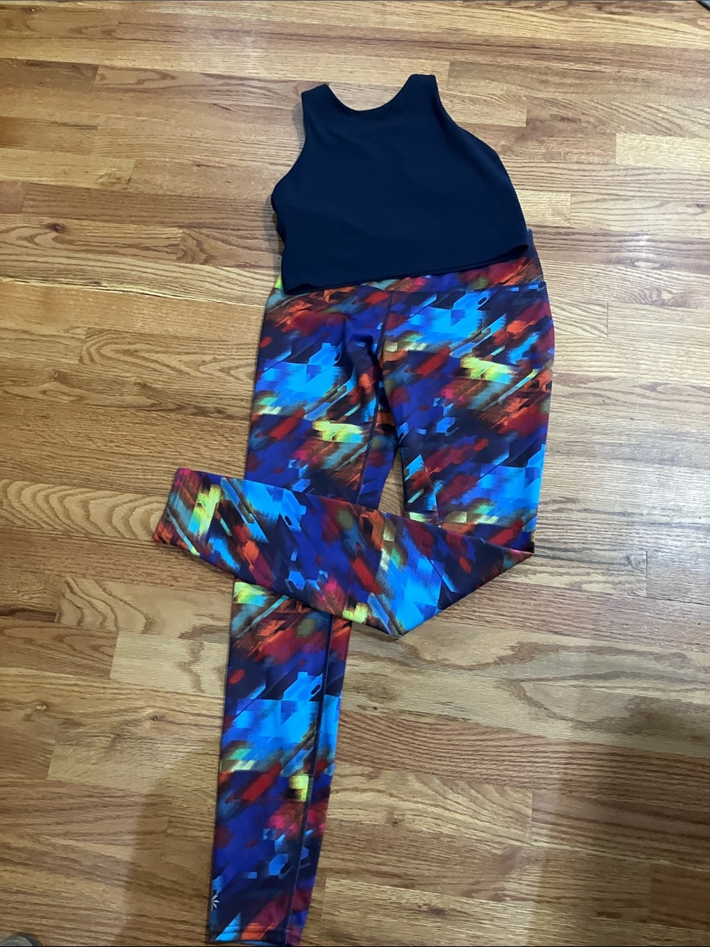 Athleta Multicolor Abstract Leggings - Blue, Red, Yellow with Tank Bra Sz L EUC